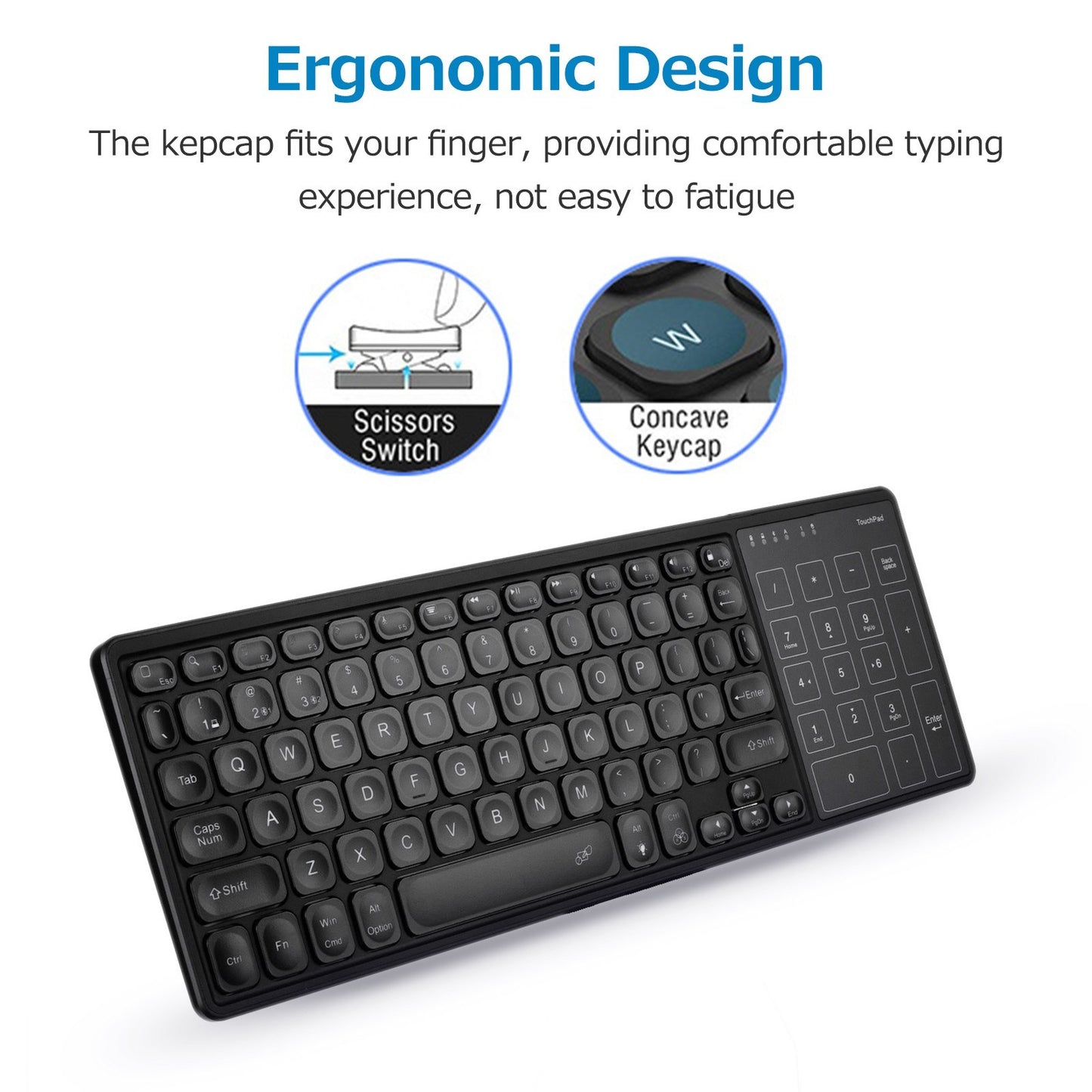 Ergonomic Dual-Mode Wireless Keyboard with Touchpad: 2.4G/BT Connectivity & Wide Compatibility