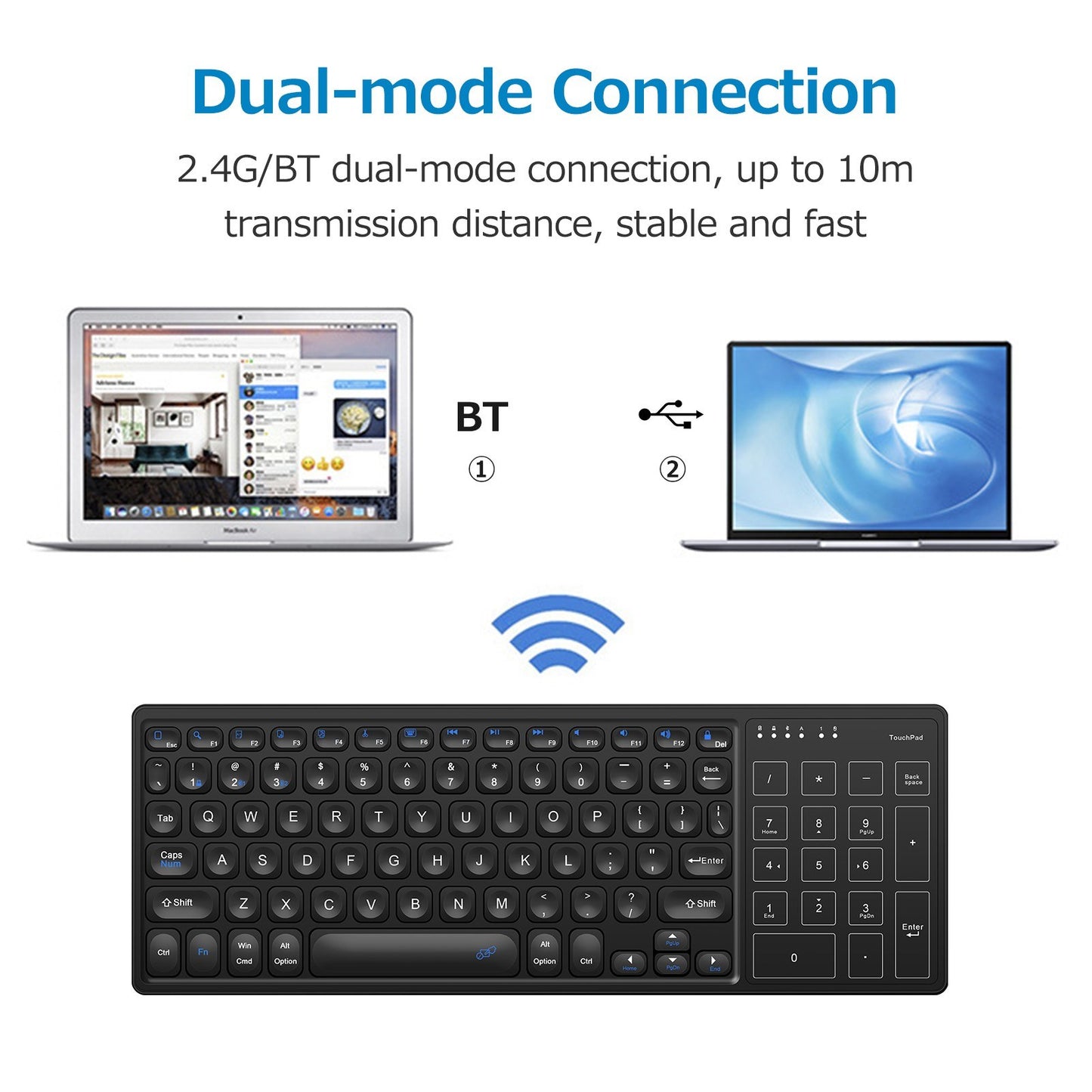 Ergonomic Dual-Mode Wireless Keyboard with Touchpad: 2.4G/BT Connectivity & Wide Compatibility