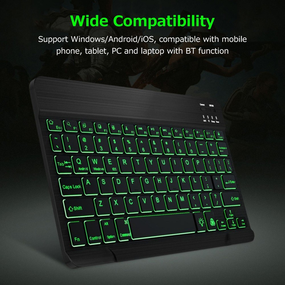 10 Ultra-Thin Wireless Bluetooth Keyboard, Rechargeable, 7-Color Backlit, Black, Compatible with Three Systems