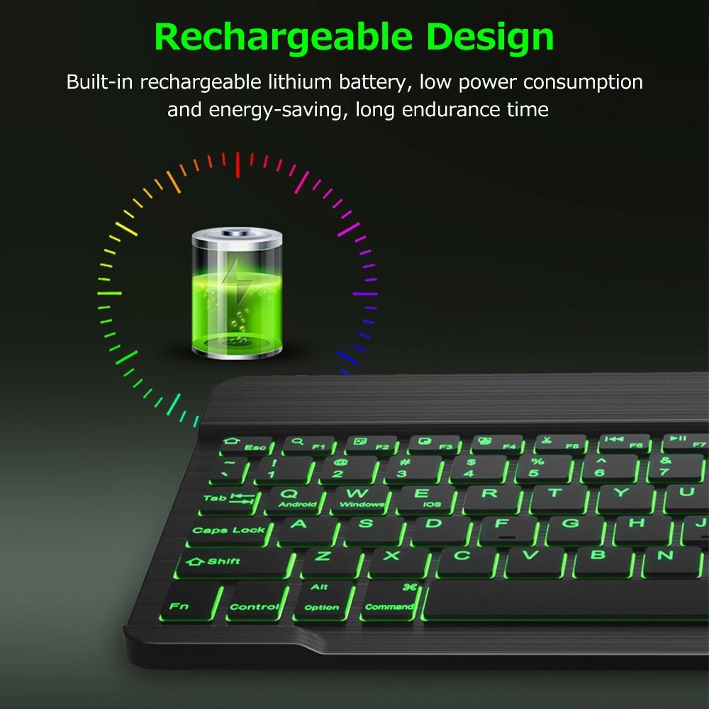 10 Ultra-Thin Wireless Bluetooth Keyboard, Rechargeable, 7-Color Backlit, Black, Compatible with Three Systems