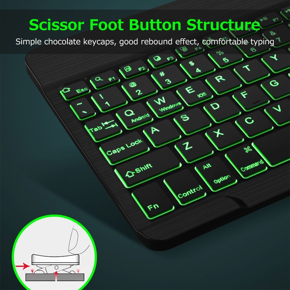 10 Ultra-Thin Wireless Bluetooth Keyboard, Rechargeable, 7-Color Backlit, Black, Compatible with Three Systems