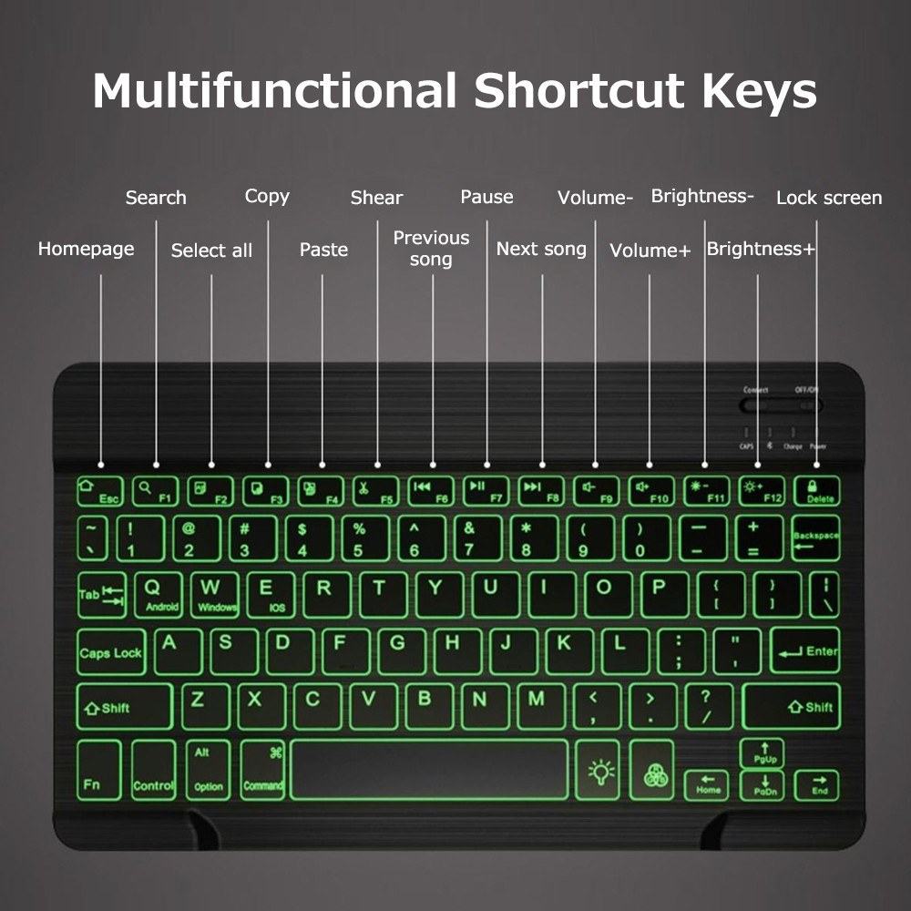 10 Ultra-Thin Wireless Bluetooth Keyboard, Rechargeable, 7-Color Backlit, Black, Compatible with Three Systems