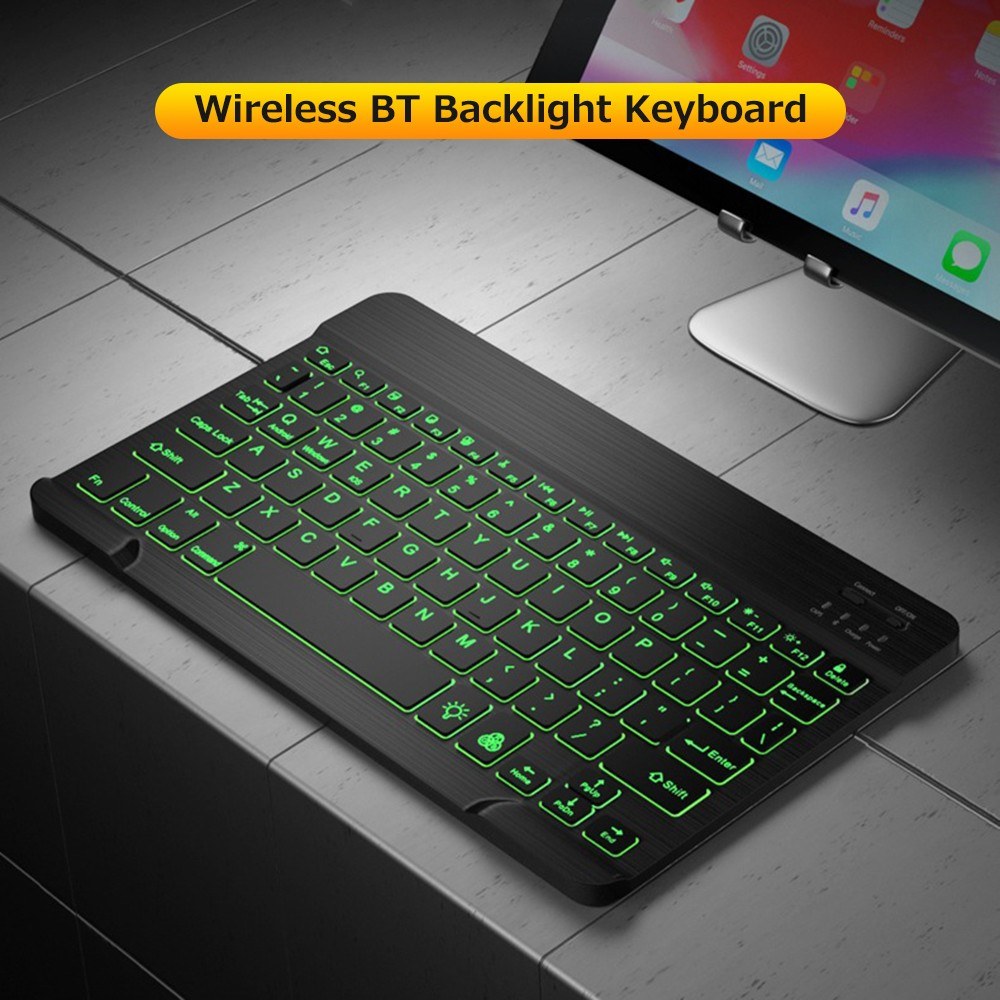 10 Ultra-Thin Wireless Bluetooth Keyboard, Rechargeable, 7-Color Backlit, Black, Compatible with Three Systems