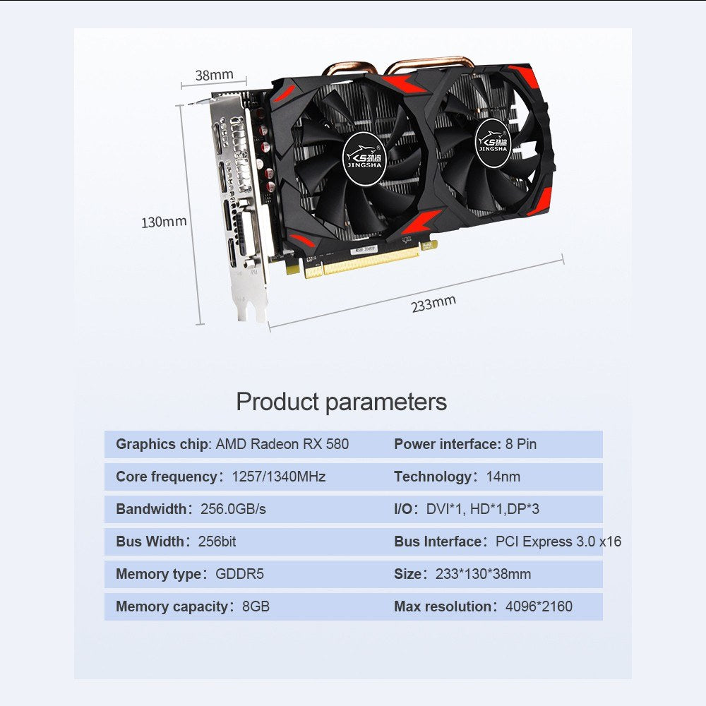 JINGSHA RX580 8GB GDDR5 Gaming Graphics Card, 256-bit, Dual Fans, 3*DP & HDMI Ports, 1257/1340MHz Core