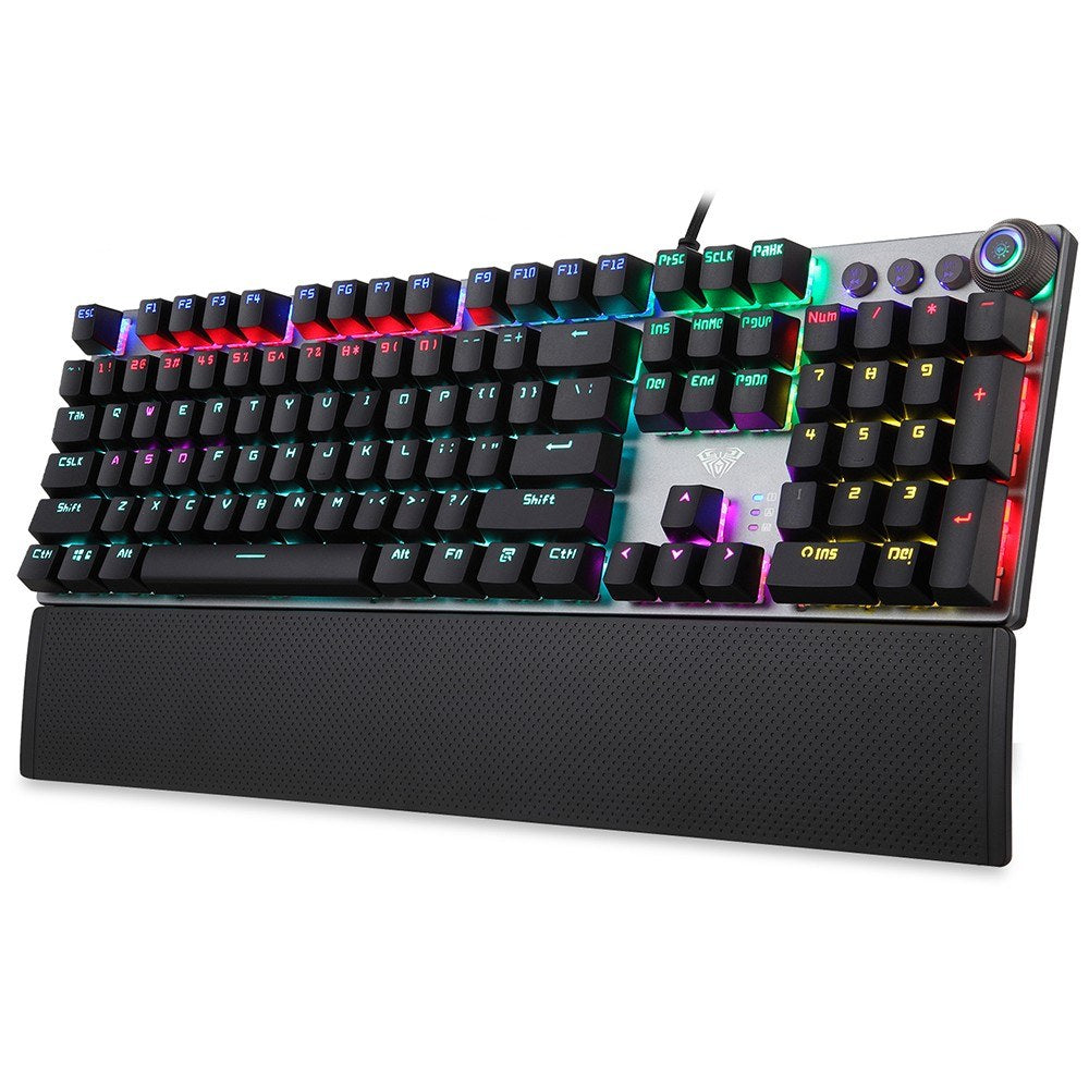 AULA F2088 Wired Mechanical Gaming Keyboard, 104 Keys, Blue Switch, Mixed Lighting, Metal Panel, Ergonomic with Wrist Pad