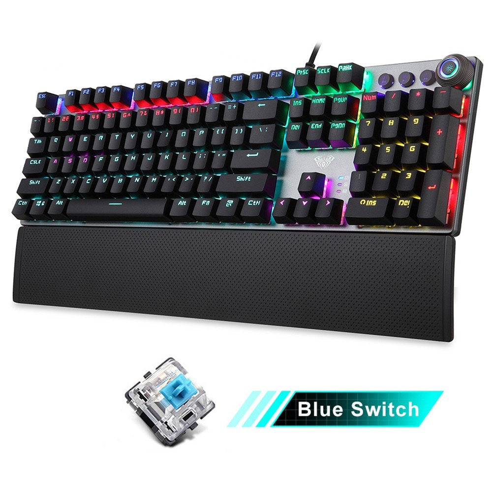 AULA F2088 Wired Mechanical Gaming Keyboard, 104 Keys, Blue Switch, Mixed Lighting, Metal Panel, Ergonomic with Wrist Pad