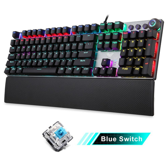 AULA F2088 Wired Mechanical Gaming Keyboard, 104 Keys, Blue Switch, Mixed Lighting, Metal Panel, Ergonomic with Wrist Pad