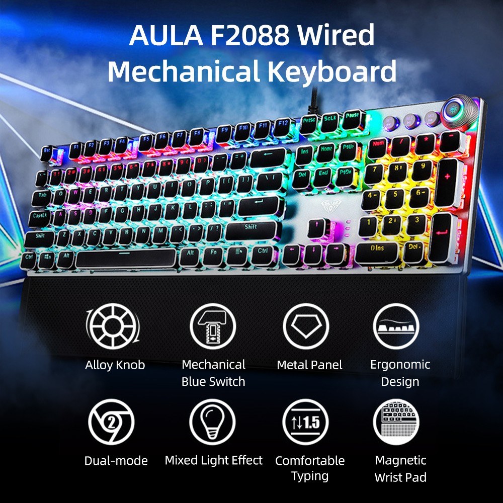 AULA F2088 Wired Mechanical Gaming Keyboard, 104 Keys, Blue Switch, Mixed Lighting, Metal Panel, Ergonomic with Wrist Pad