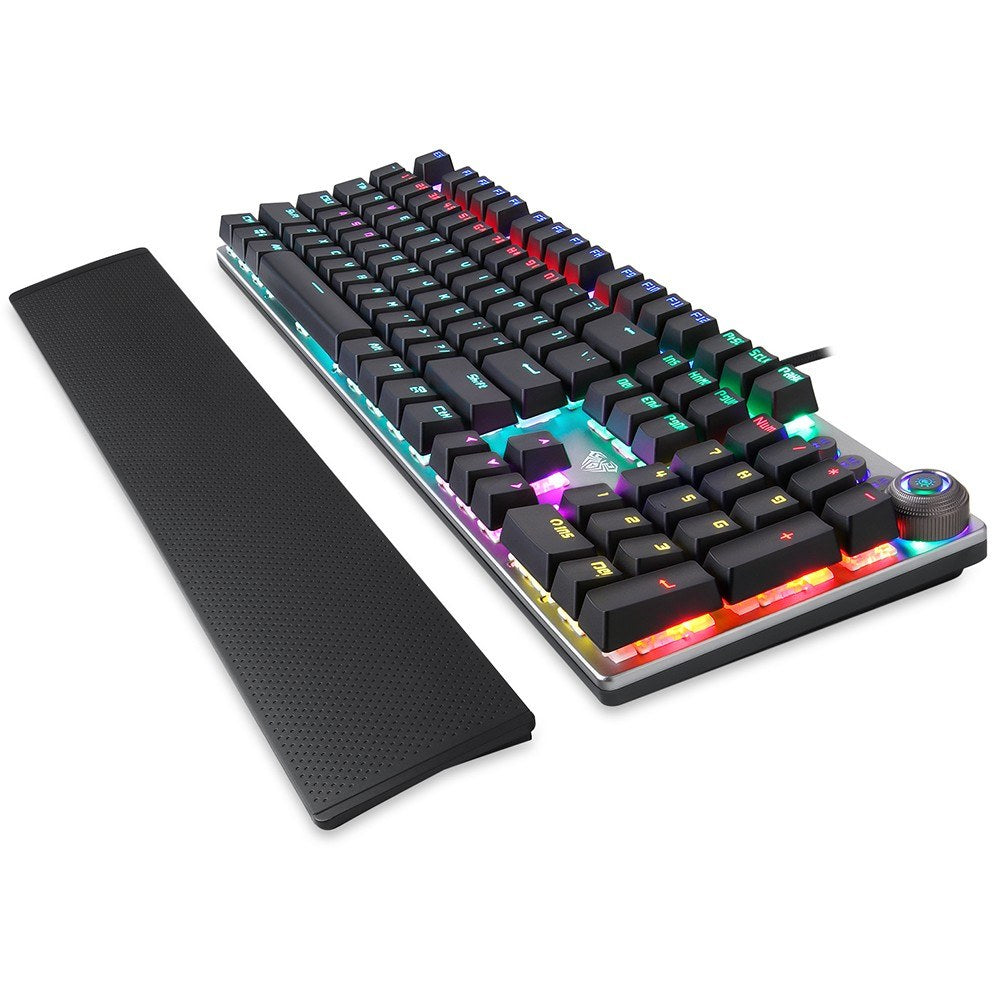 AULA F2088 Wired Mechanical Gaming Keyboard, 104 Keys, Blue Switch, Mixed Lighting, Metal Panel, Ergonomic with Wrist Pad