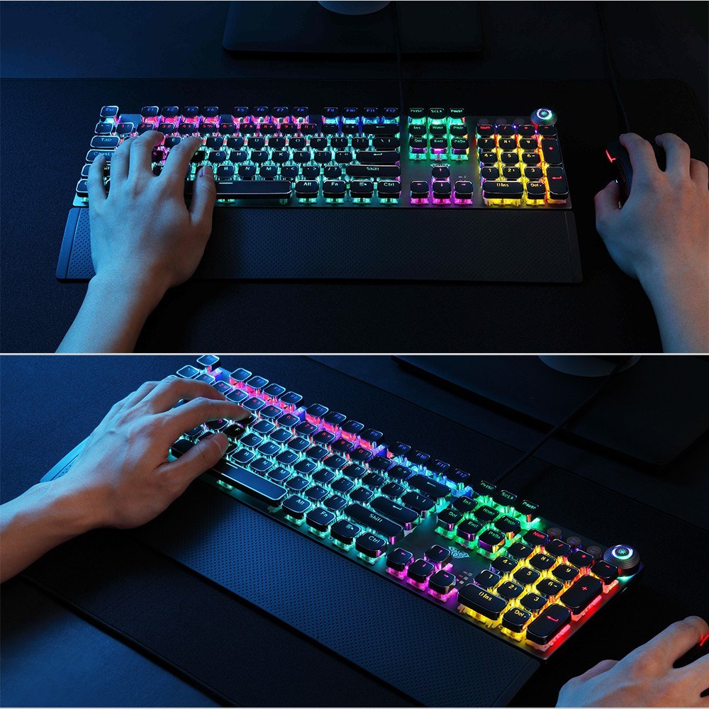 AULA F2088 Wired Mechanical Gaming Keyboard, 104 Keys, Blue Switch, Mixed Lighting, Metal Panel, Ergonomic with Wrist Pad