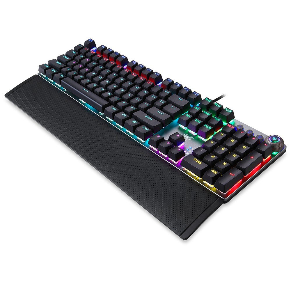 AULA F2088 Wired Mechanical Gaming Keyboard, 104 Keys, Blue Switch, Mixed Lighting, Metal Panel, Ergonomic with Wrist Pad