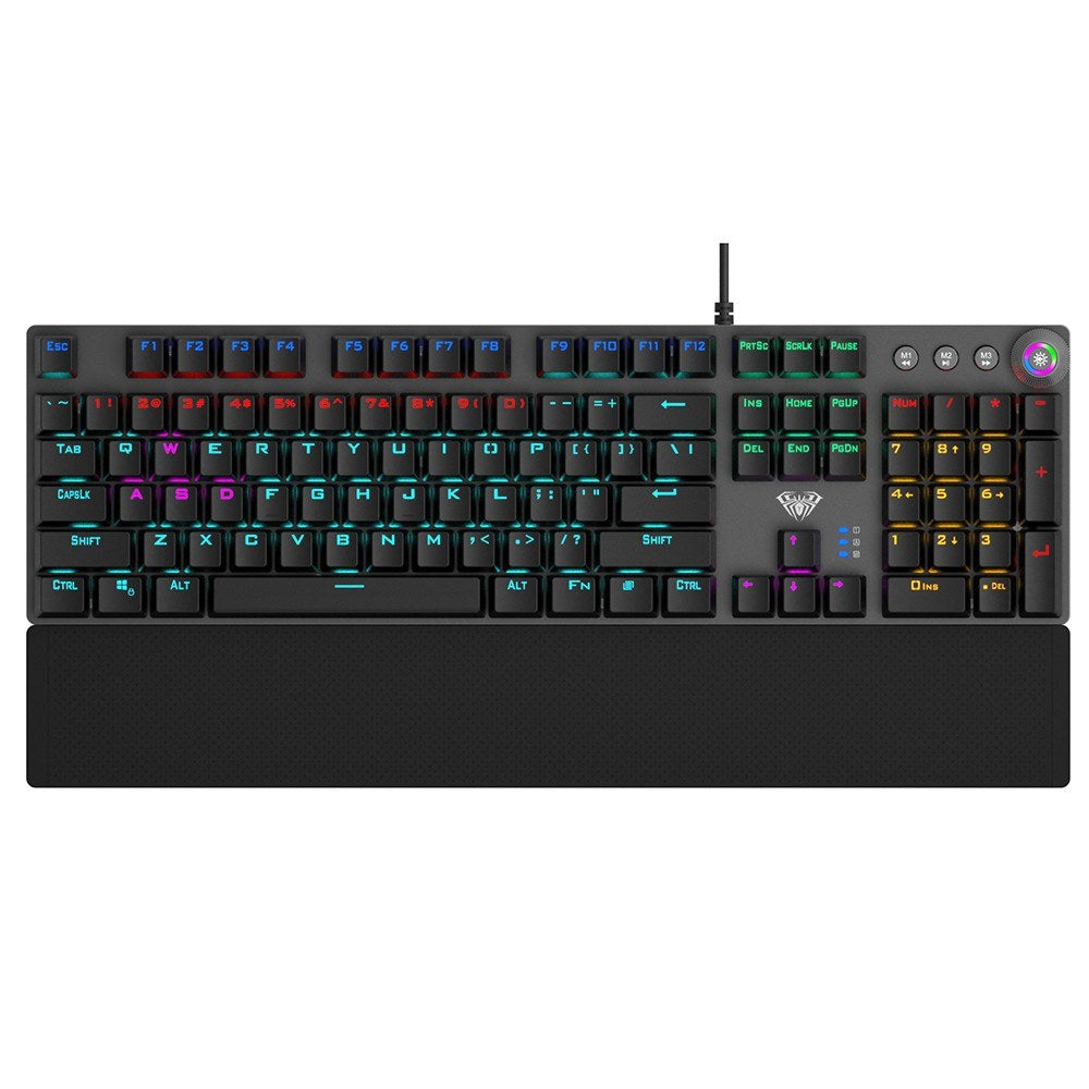 AULA F2088 Wired Mechanical Gaming Keyboard, 104 Keys, Blue Switch, Mixed Lighting, Metal Panel, Ergonomic with Wrist Pad