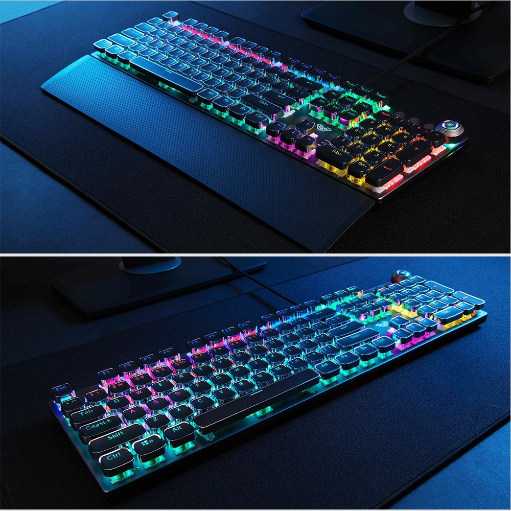 AULA F2088 Wired Mechanical Gaming Keyboard, 104 Keys, Blue Switch, Mixed Lighting, Metal Panel, Ergonomic with Wrist Pad