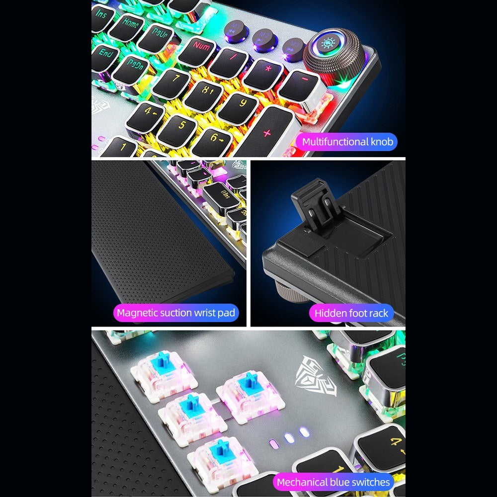 AULA F2088 Wired Mechanical Gaming Keyboard, 104 Keys, Blue Switch, Mixed Lighting, Metal Panel, Ergonomic with Wrist Pad