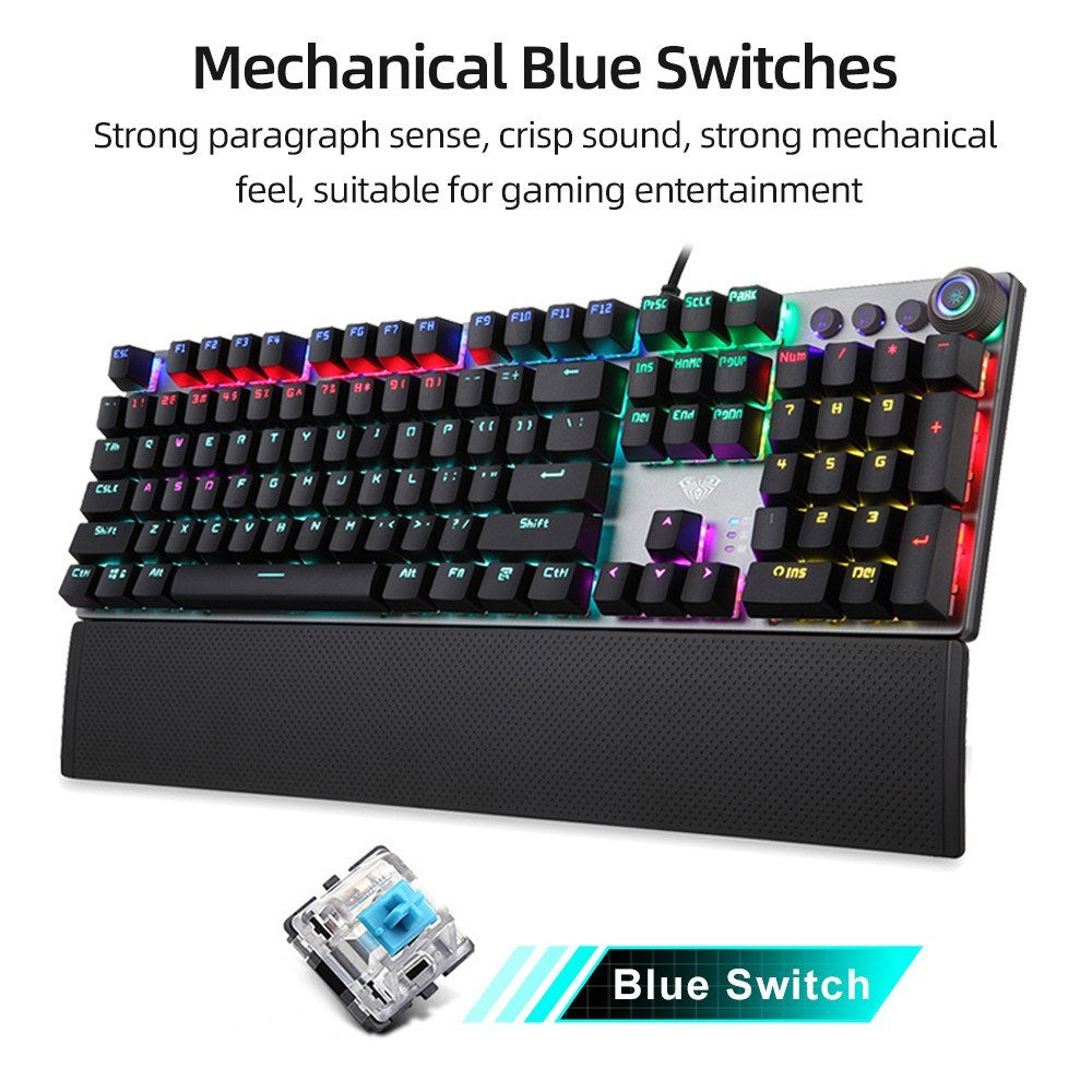 AULA F2088 Wired Mechanical Gaming Keyboard, 104 Keys, Blue Switch, Mixed Lighting, Metal Panel, Ergonomic with Wrist Pad