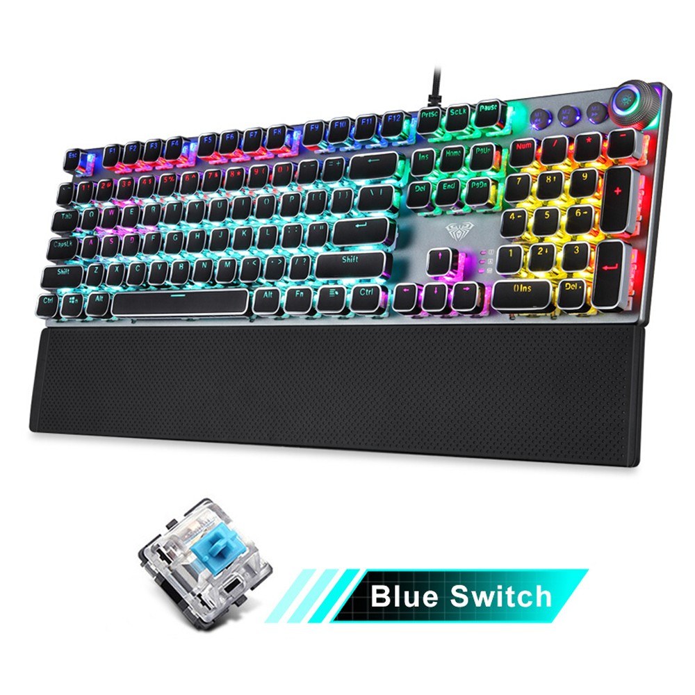 AULA F2088 Wired Mechanical Gaming Keyboard, 104 Keys, Blue Switch, Mixed Lighting, Metal Panel, Ergonomic with Wrist Pad