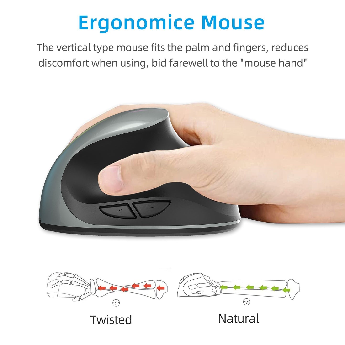 HXSJ X10 Ergonomic Wireless Vertical Mouse, 3-Gear DPI, 600mAh Rechargeable Battery, Black