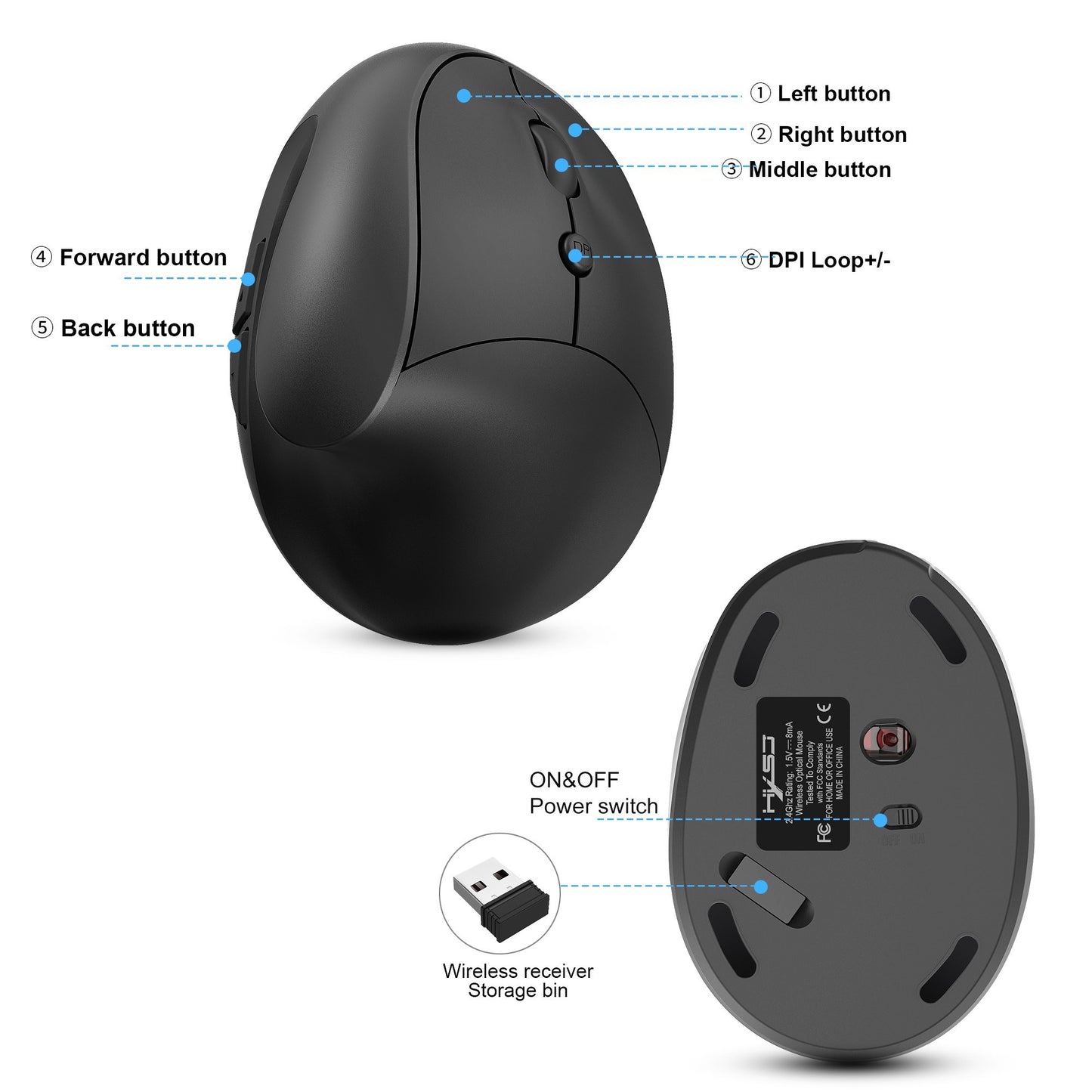 HXSJ X10 Ergonomic Wireless Vertical Mouse, 3-Gear DPI, 600mAh Rechargeable Battery, Black