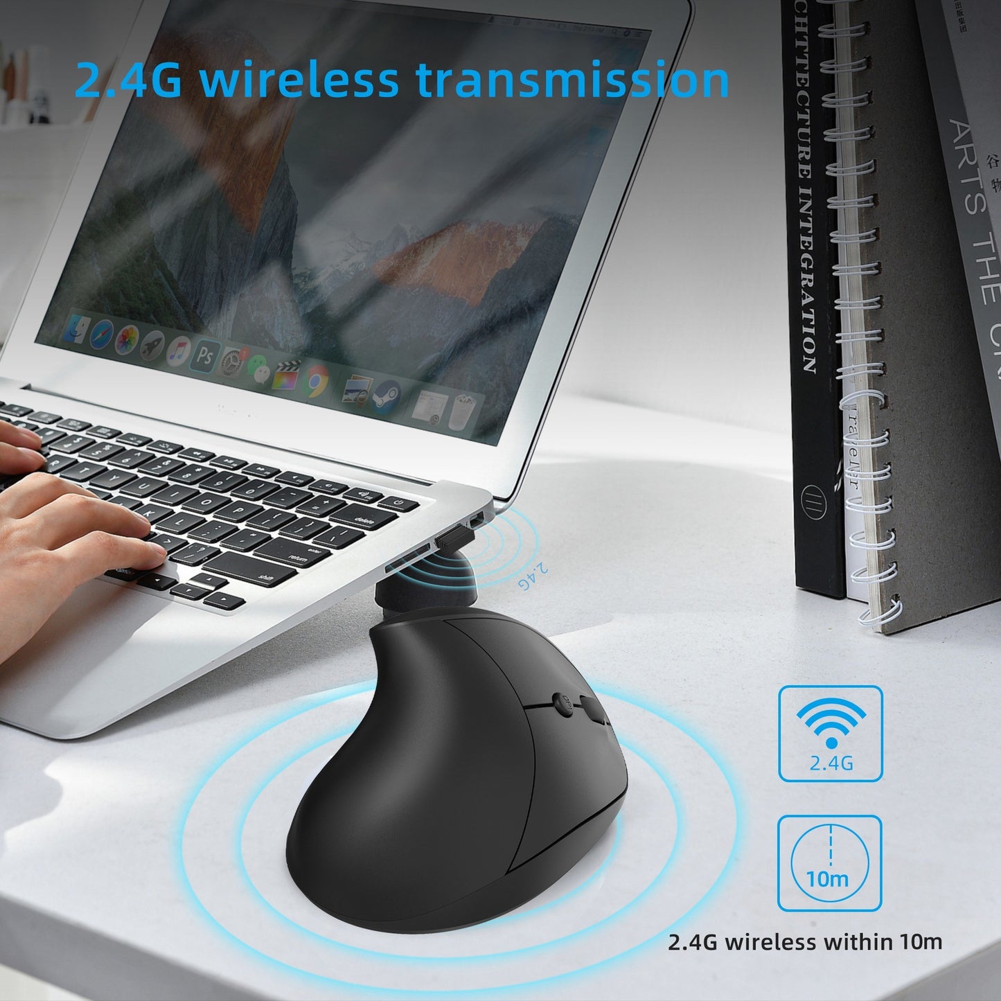 HXSJ X10 Ergonomic Wireless Vertical Mouse, 3-Gear DPI, 600mAh Rechargeable Battery, Black