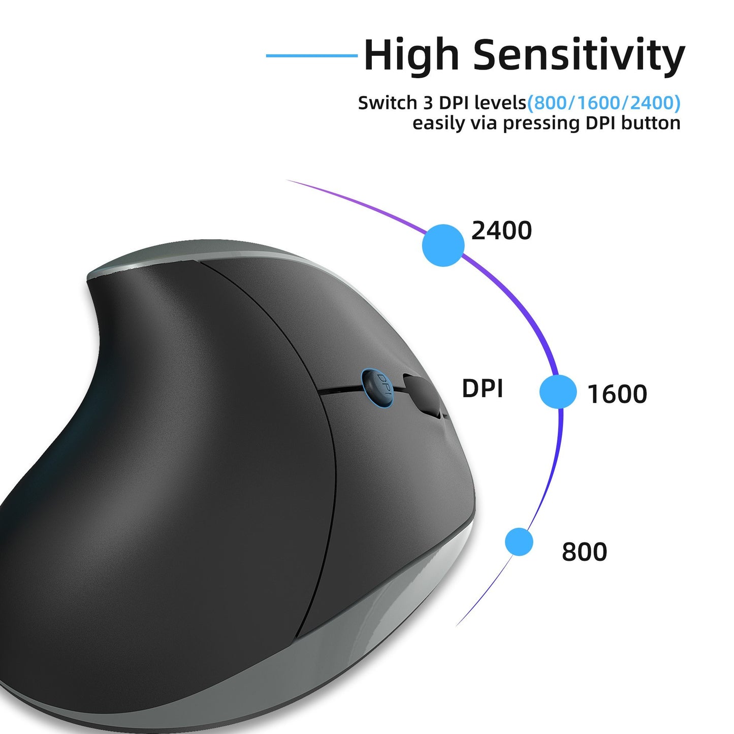 HXSJ X10 Ergonomic Wireless Vertical Mouse, 3-Gear DPI, 600mAh Rechargeable Battery, Black