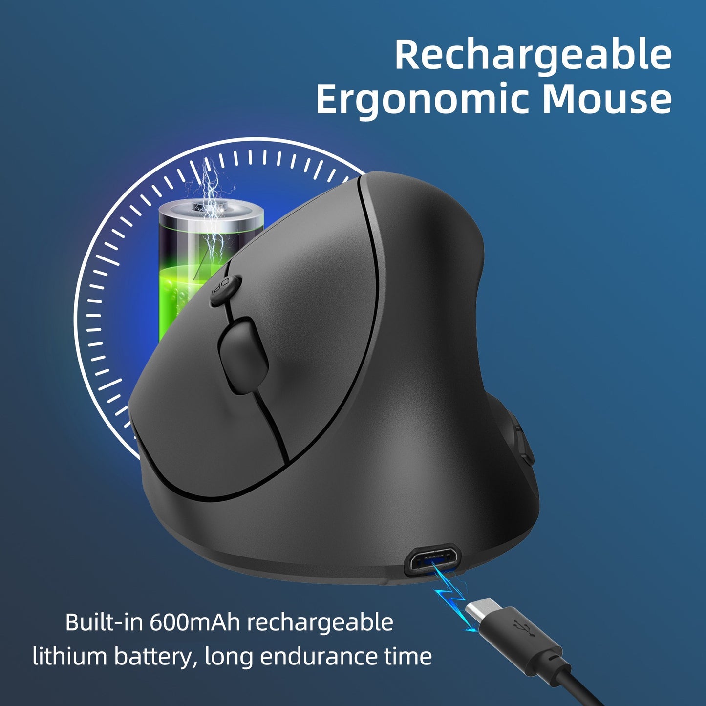 HXSJ X10 Ergonomic Wireless Vertical Mouse, 3-Gear DPI, 600mAh Rechargeable Battery, Black