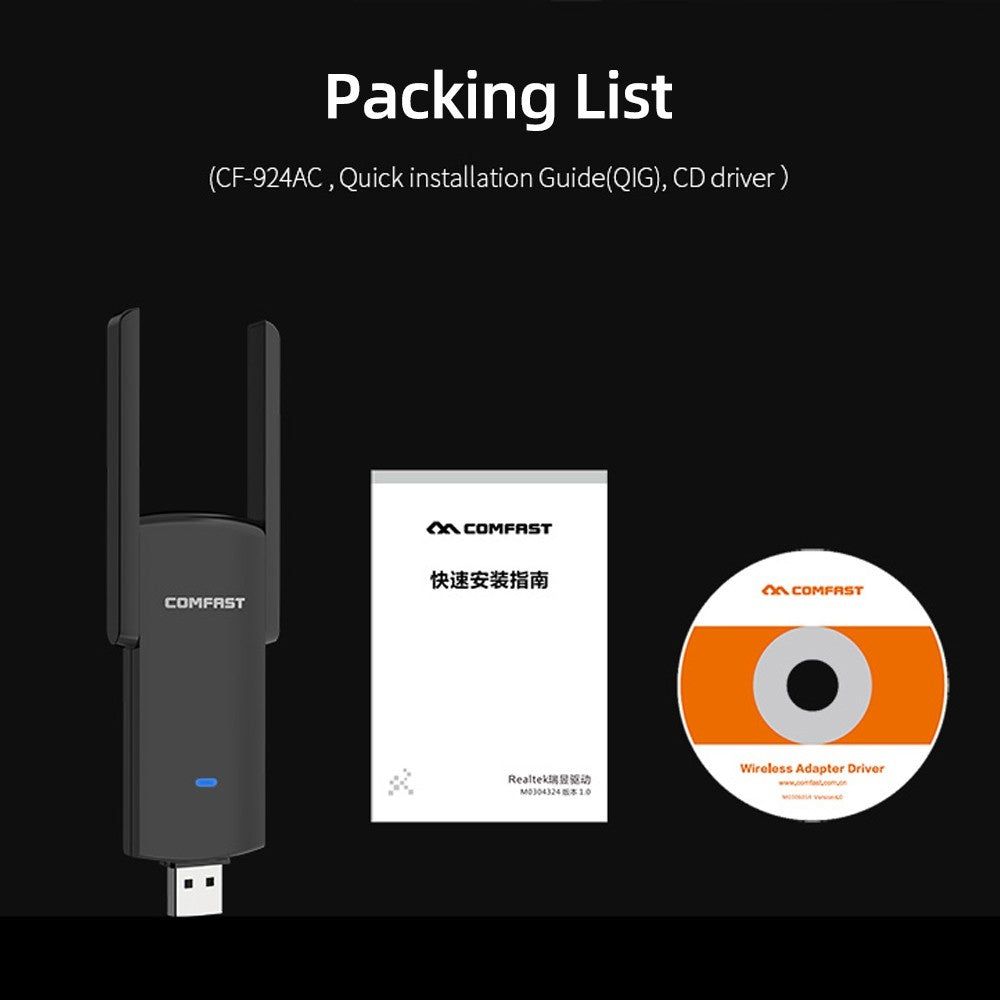 COMFAST CF-924AC Dual-Band 1300Mbps Gigabit USB WiFi Adapter - High-Speed, Stable, Low-Latency Wireless Network Card