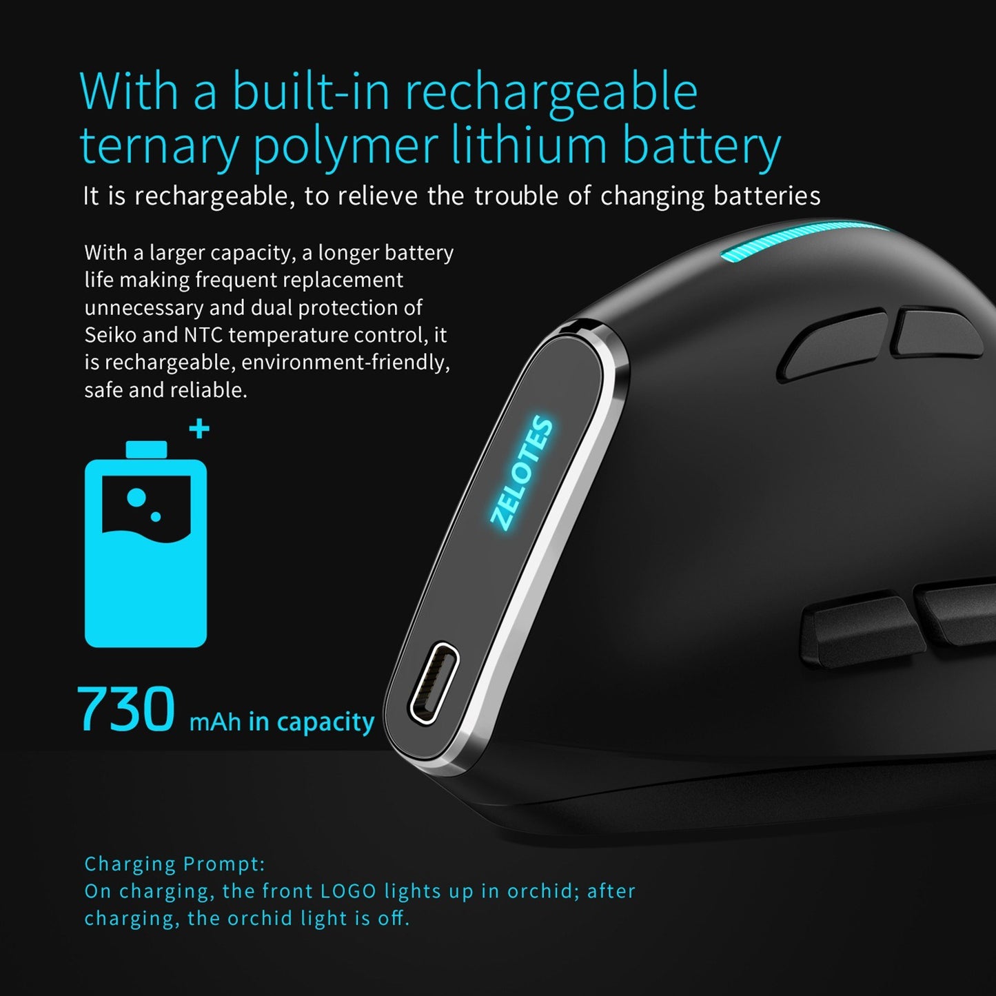 ZELOTES F-36 Wireless Vertical Bluetooth RGB Gaming Mouse, 8 Programmable Buttons, 5 DPI Settings, Built-in 730mAh Battery, Black