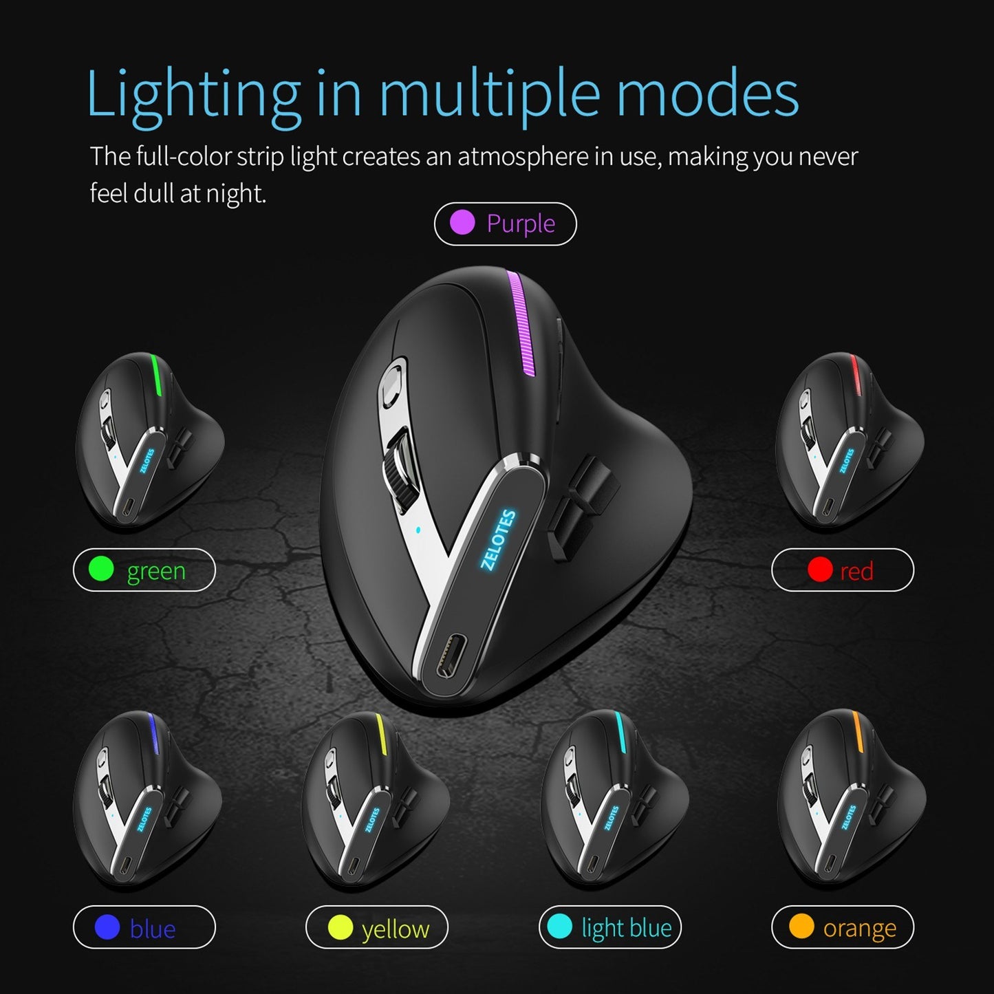 ZELOTES F-36 Wireless Vertical Bluetooth RGB Gaming Mouse, 8 Programmable Buttons, 5 DPI Settings, Built-in 730mAh Battery, Black