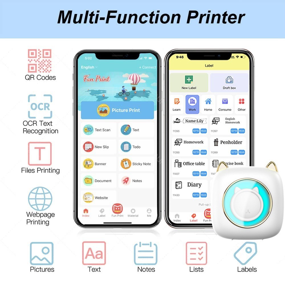 Portable Mini Thermal Printer with Bluetooth Connection & Assorted Paper and Marker Set