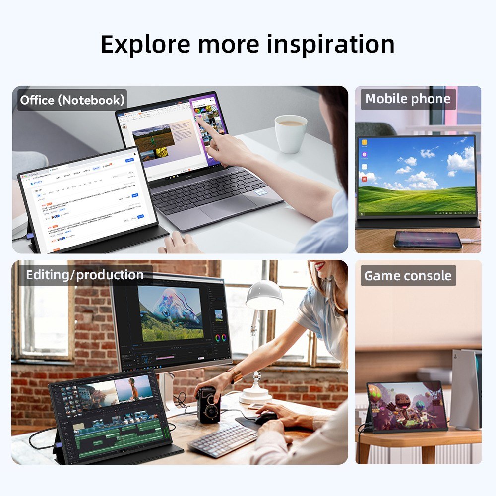 Portable 18.5 IPS Monitor, 1080P FHD, 178° Viewing, 60Hz, Type-C/HD/3.5mm Ports - Compatible with Laptops, MacBooks, Tablets, Phones