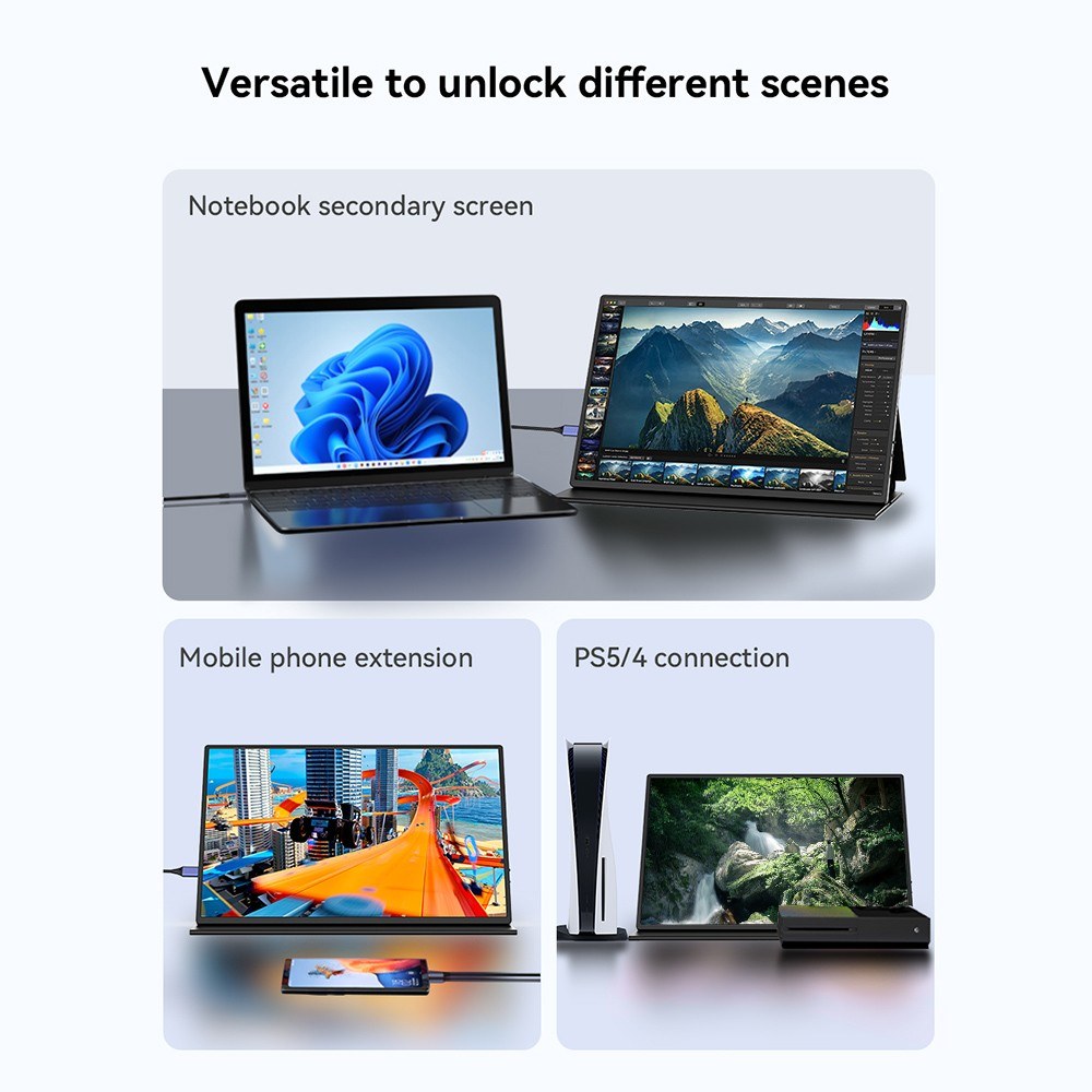 Portable 18.5 IPS Monitor, 1080P FHD, 178° Viewing, 60Hz, Type-C/HD/3.5mm Ports - Compatible with Laptops, MacBooks, Tablets, Phones