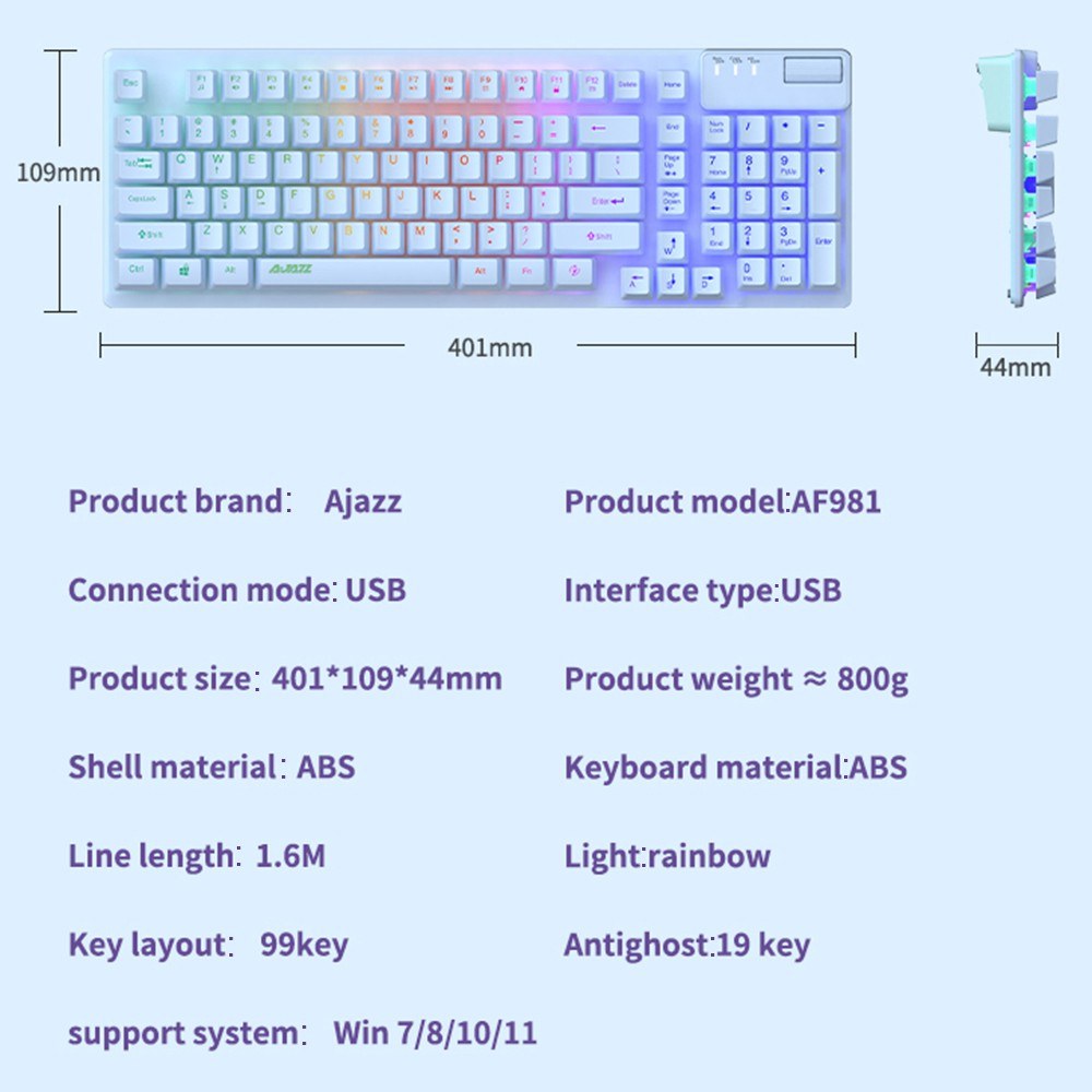 AJAZZ AF981 RGB Wired Gaming Keyboard - Ergonomic Design, 19-Key Anti-Ghosting, Metal Base, Volume Control