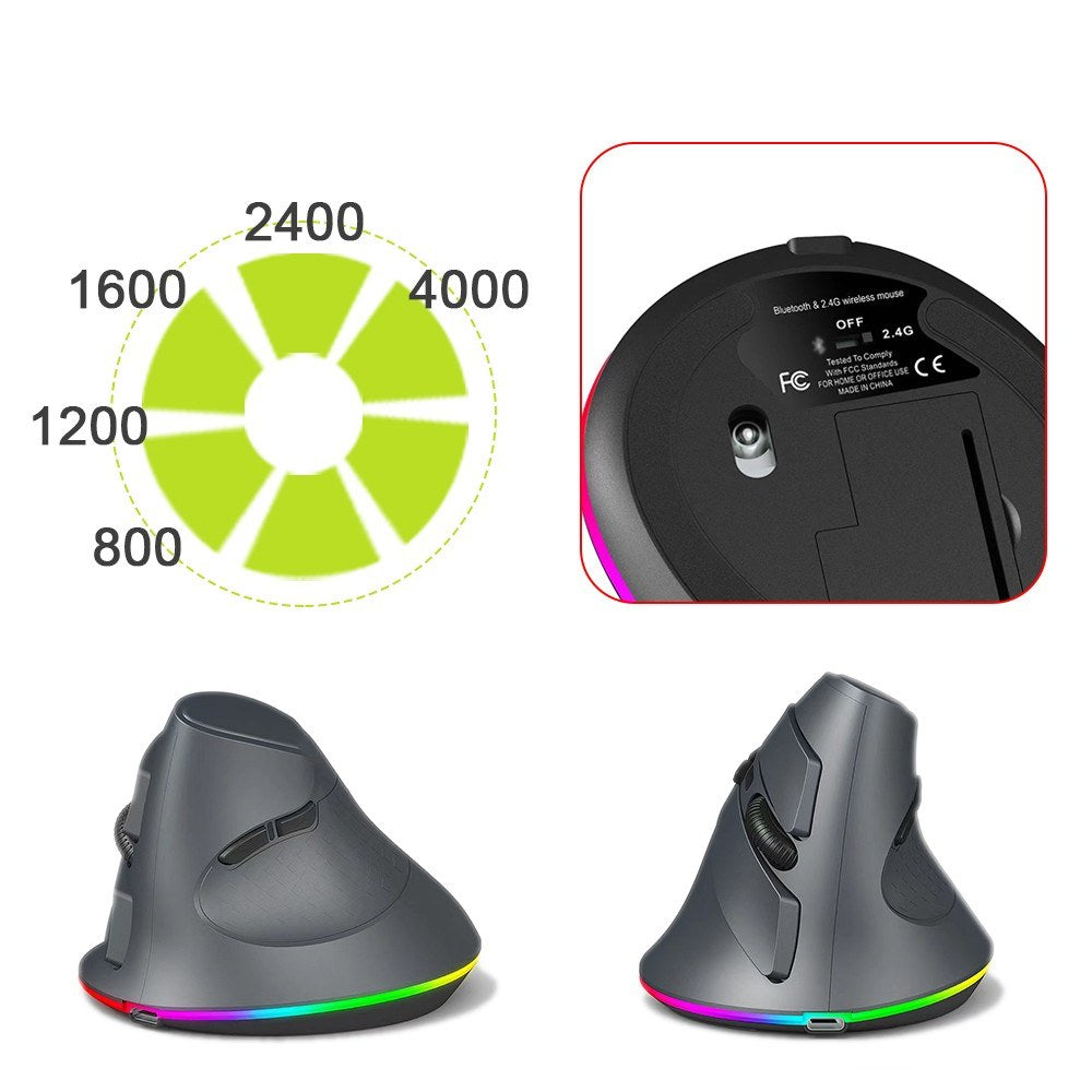 Ergonomic Vertical Wireless Gaming Mouse, Programmable with 2.4G & Bluetooth Connection