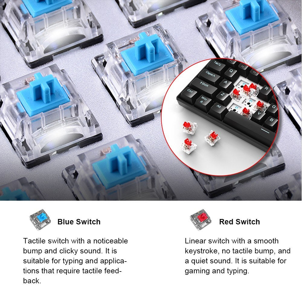 OUTEMU 61-Key USB Wired Mechanical Keyboard, LED Backlit, Hot Swappable, Blue/Red Switch