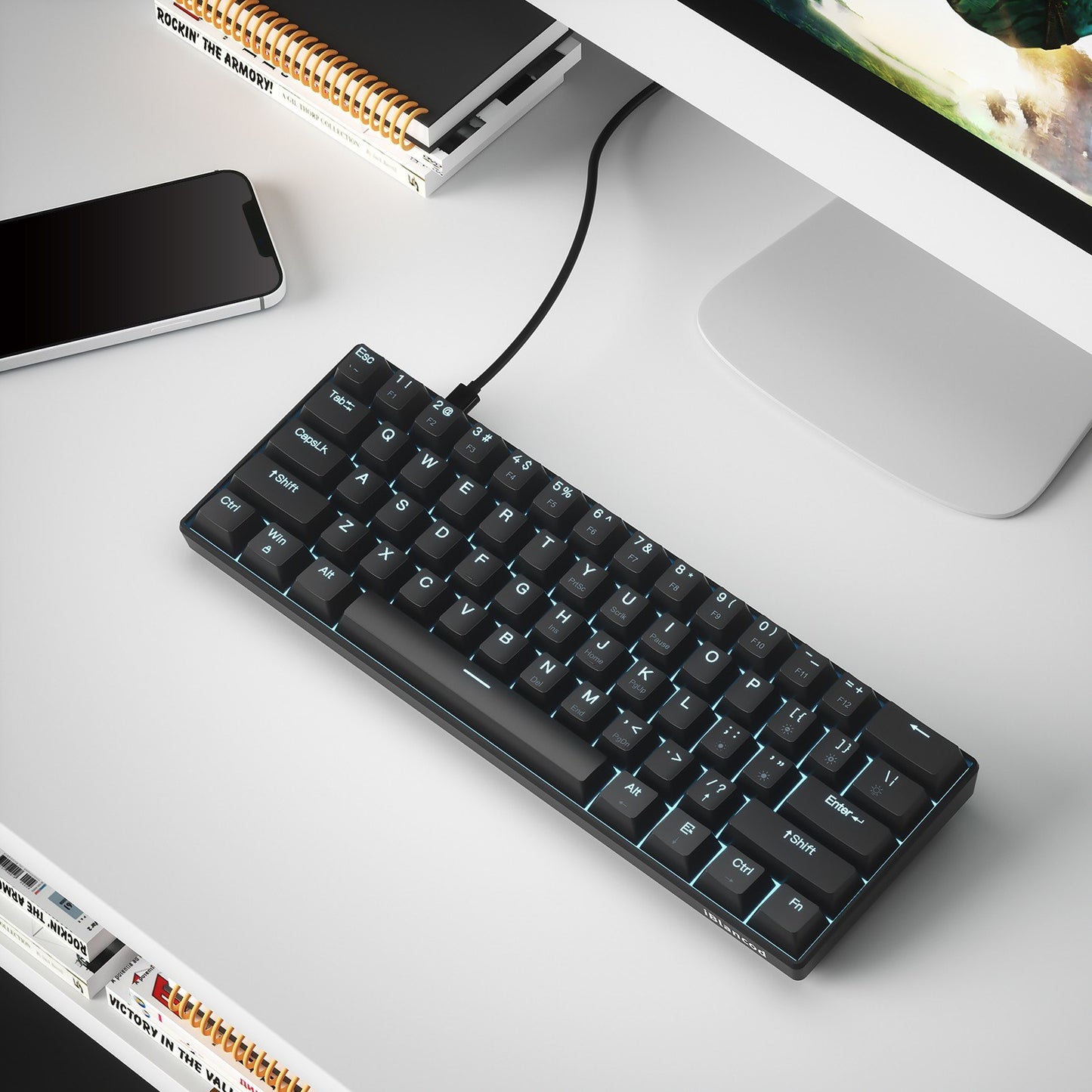 OUTEMU 61-Key USB Wired Mechanical Keyboard, LED Backlit, Hot Swappable, Blue/Red Switch