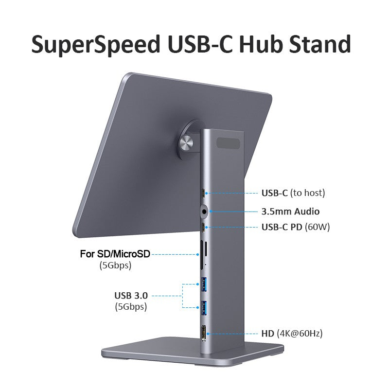 Magnetic 6-in-1 Hub Stand for iPad Pro 12.9 with 360° Rotation, 80° Tilt, 4K HDMI, Card Reader, USB 5Gbps, 60W PD, 3.5mm Audio