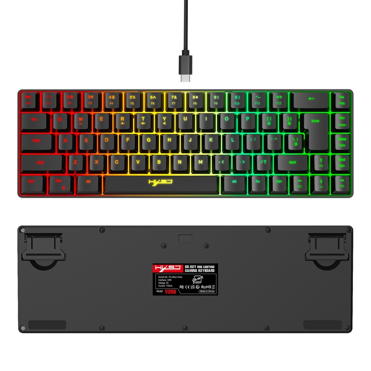 HXSJ K68 RGB Wired Mini Gaming Keyboard & 2.4G Wireless RGB Mouse Combo - 3600DPI, 11 Lighting Modes for Game/Office