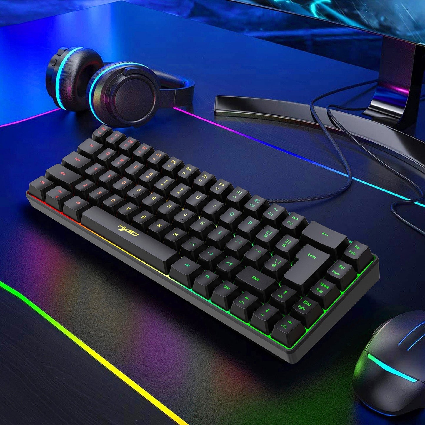 HXSJ K68 RGB Wired Mini Gaming Keyboard & 2.4G Wireless RGB Mouse Combo - 3600DPI, 11 Lighting Modes for Game/Office