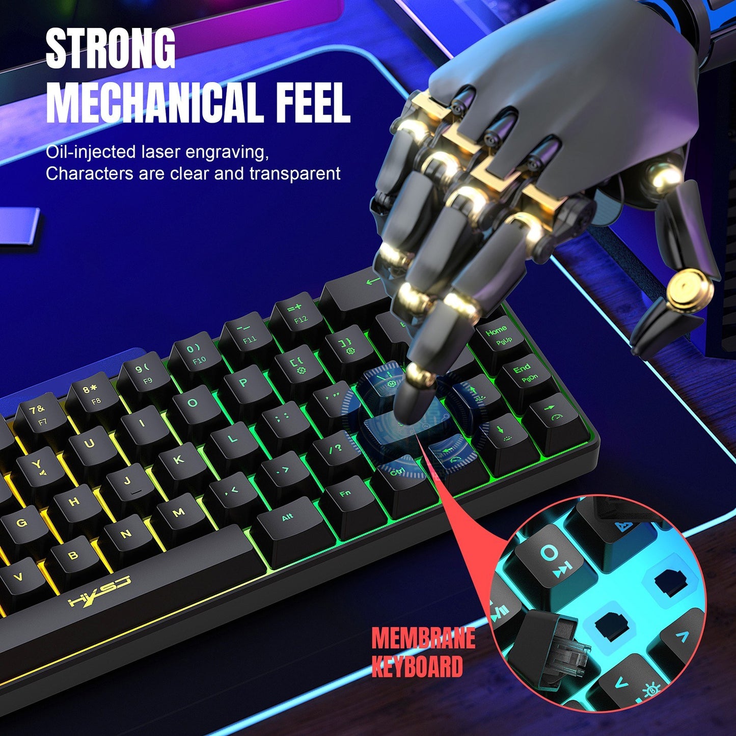 HXSJ K68 RGB Wired Mini Gaming Keyboard & 2.4G Wireless RGB Mouse Combo - 3600DPI, 11 Lighting Modes for Game/Office
