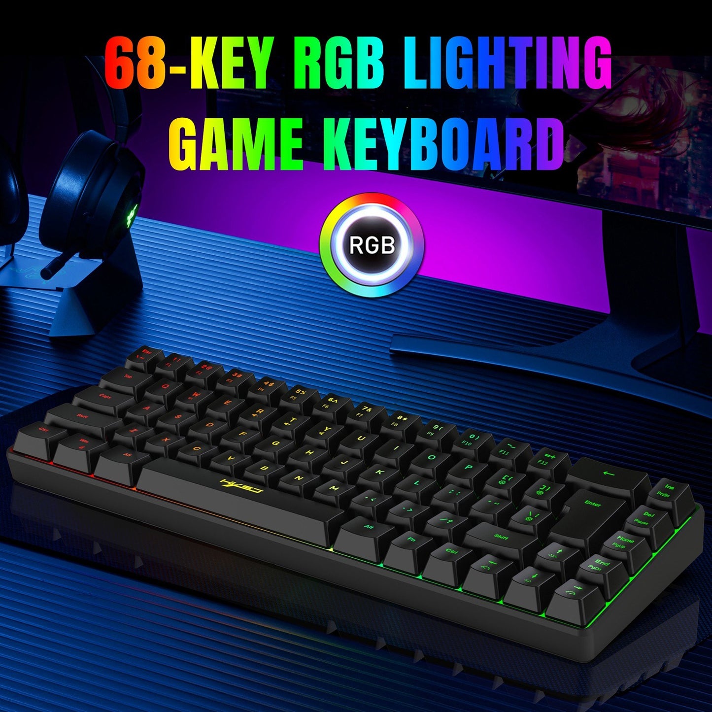 HXSJ K68 RGB Wired Mini Gaming Keyboard & 2.4G Wireless RGB Mouse Combo - 3600DPI, 11 Lighting Modes for Game/Office