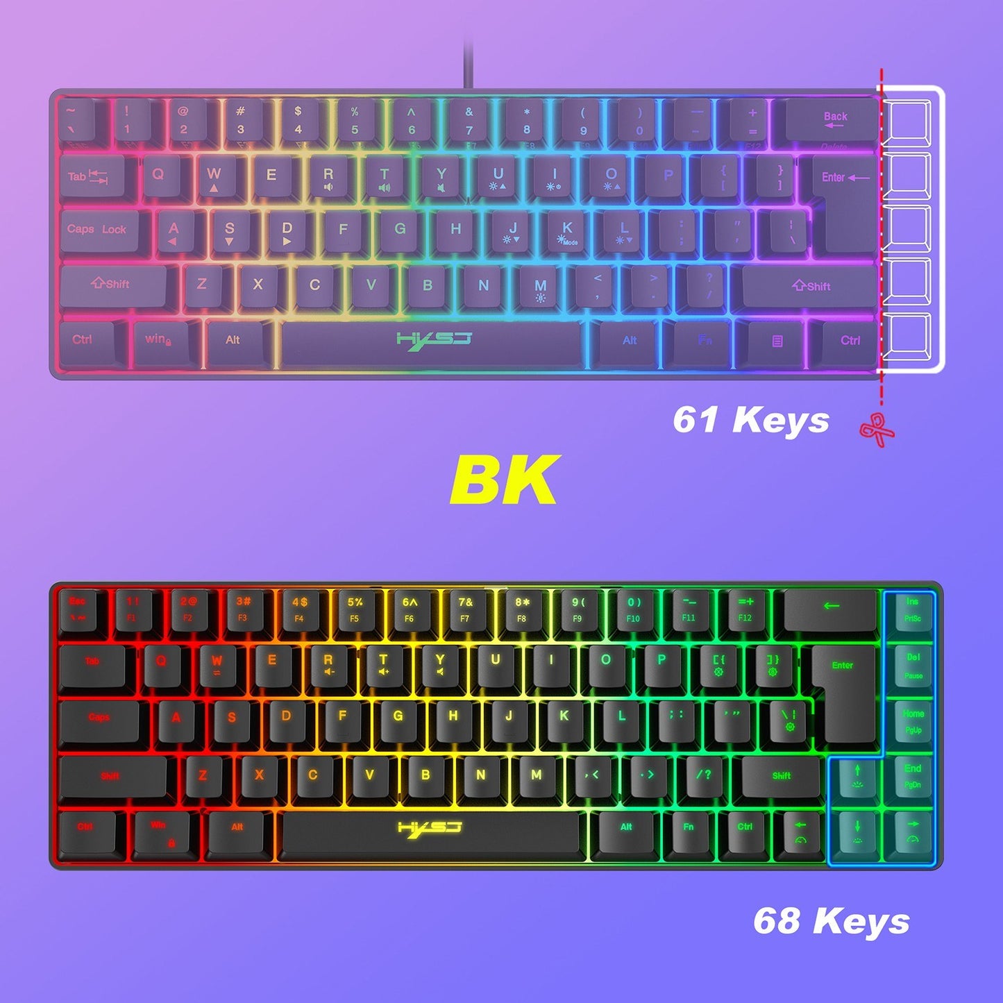 HXSJ K68 RGB Wired Mini Gaming Keyboard & 2.4G Wireless RGB Mouse Combo - 3600DPI, 11 Lighting Modes for Game/Office