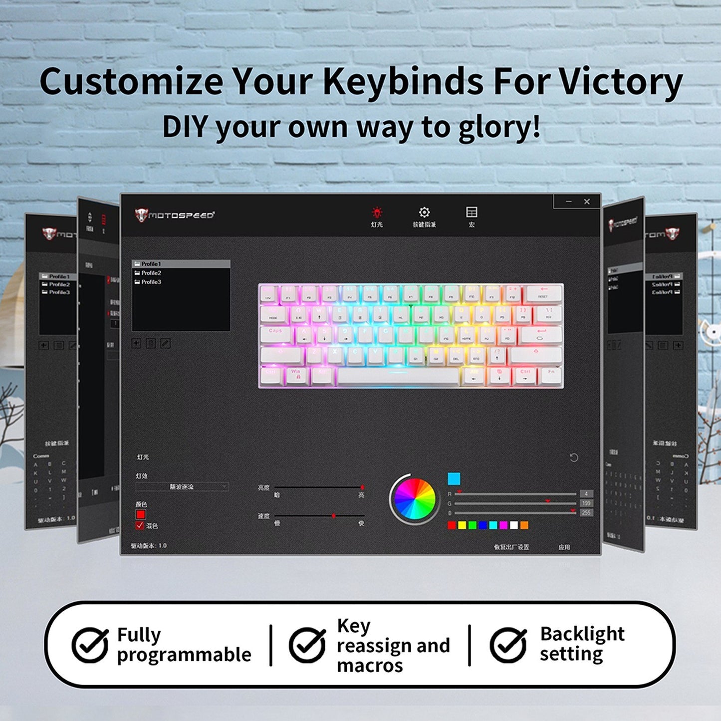 Motospeed SK62 Bluetooth Wireless Mechanical Gaming Keyboard - 61 Keys, RGB Backlight, Blue Switch, Macro-Drive, for Laptop & PC