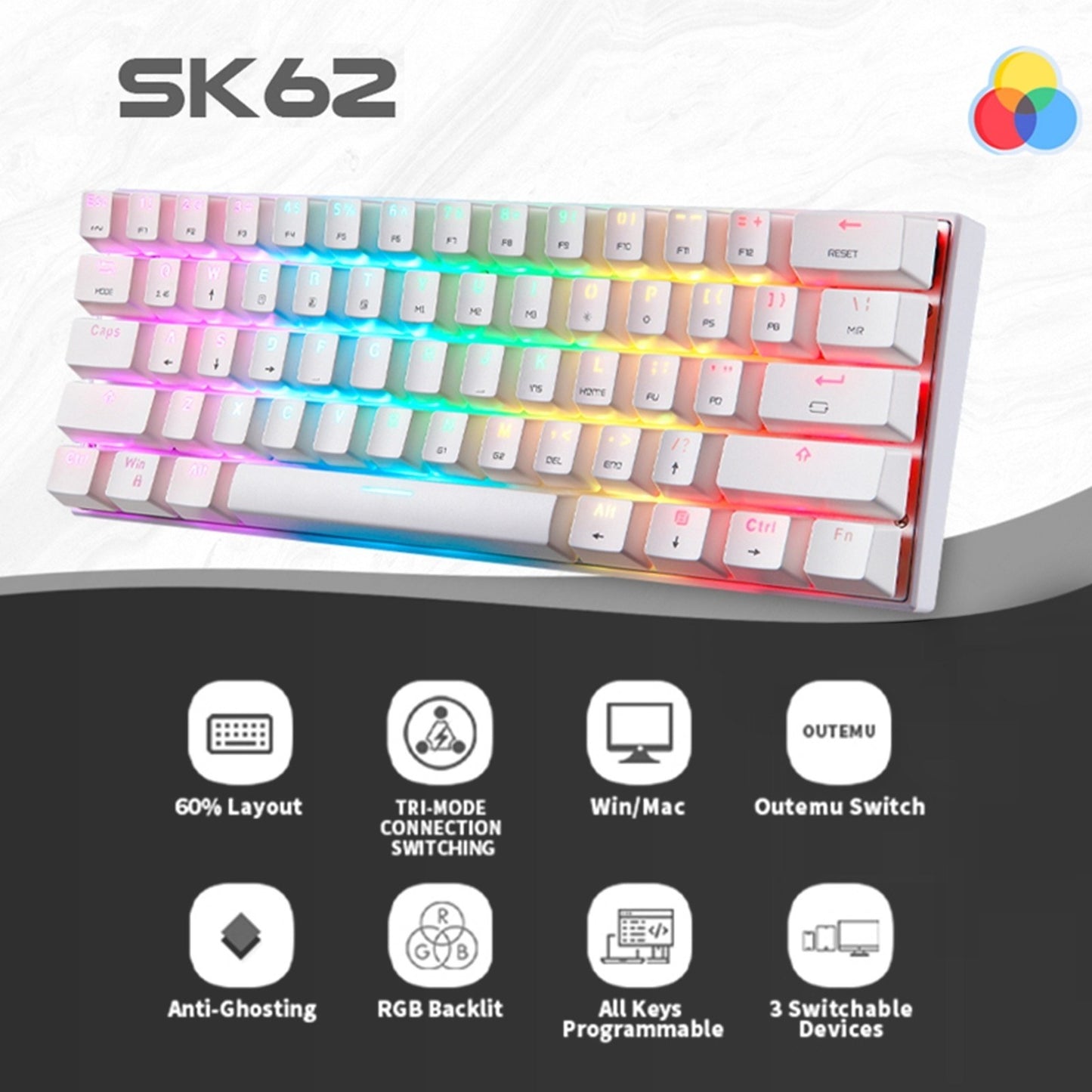 Motospeed SK62 Bluetooth Wireless Mechanical Gaming Keyboard - 61 Keys, RGB Backlight, Blue Switch, Macro-Drive, for Laptop & PC