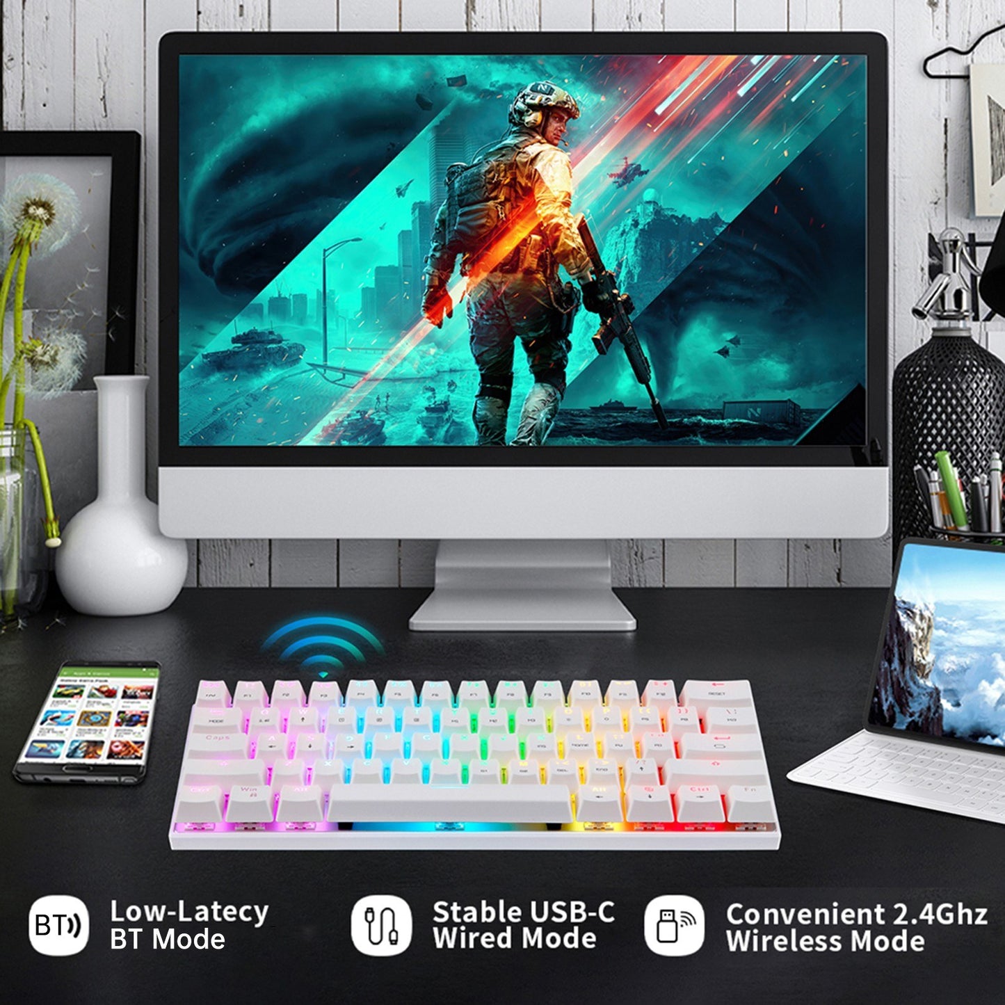 Motospeed SK62 Bluetooth Wireless Mechanical Gaming Keyboard - 61 Keys, RGB Backlight, Blue Switch, Macro-Drive, for Laptop & PC