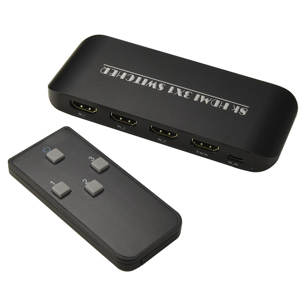 8K HDMI Switcher 3 in 1 Out, HDMI 2.1, 3-Port with IR Remote, Supports 8K 60Hz, 4K 120Hz, HDCP 2.3 for Xbox, PS4, PS5, UHD TV, Monitor, Projector - Includes Wired Desktop Controller
