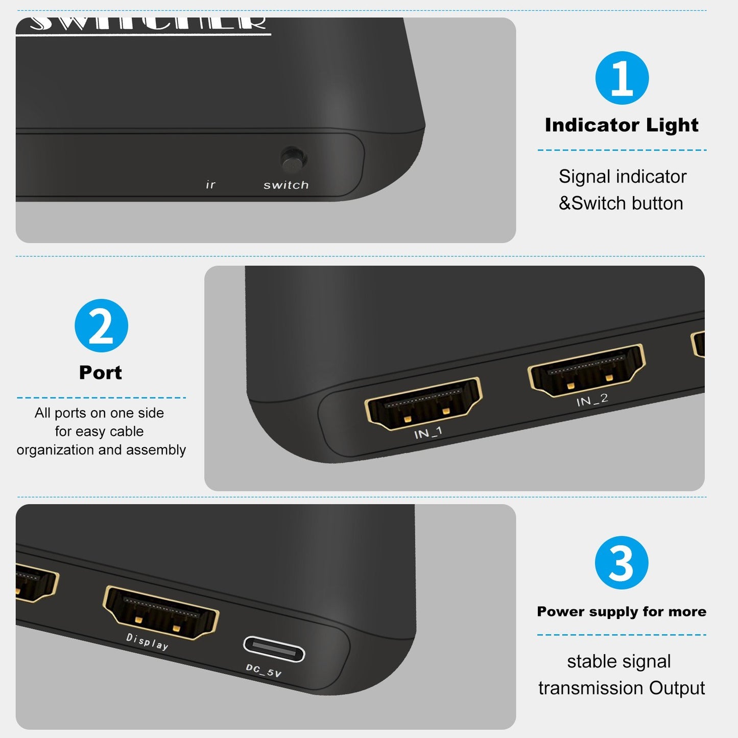 8K HDMI Switcher 3 in 1 Out, HDMI 2.1, 3-Port with IR Remote, Supports 8K 60Hz, 4K 120Hz, HDCP 2.3 for Xbox, PS4, PS5, UHD TV, Monitor, Projector - Includes Wired Desktop Controller