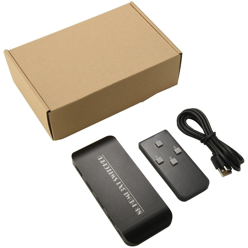 8K HDMI Switcher 3 in 1 Out, HDMI 2.1, 3-Port with IR Remote, Supports 8K 60Hz, 4K 120Hz, HDCP 2.3 for Xbox, PS4, PS5, UHD TV, Monitor, Projector - Includes Wired Desktop Controller
