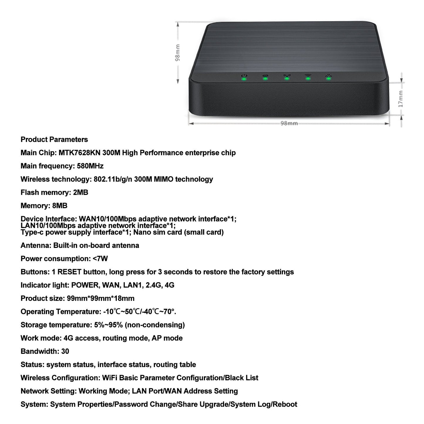 300Mbps 4G LTE WiFi Router with SIM Slot & Type-C Port for Mobile Hotspot