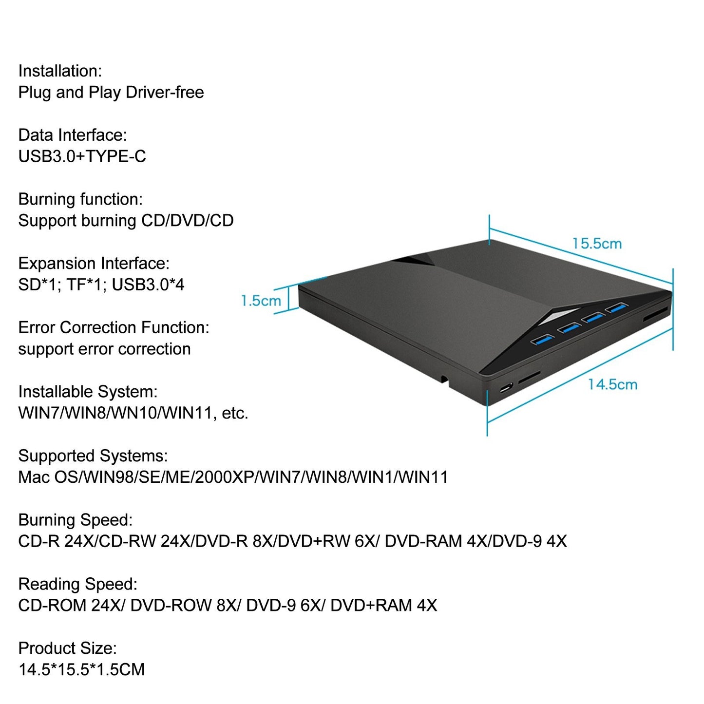 Portable External CD/DVD Drive for Laptop - USB 3.0 & Type-C, 7-in-1 Multifunctional CD Burner & Player