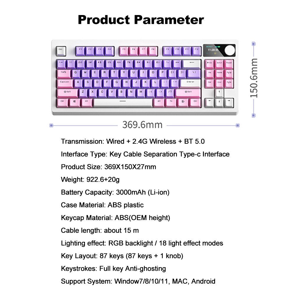 K87 Wireless RGB Mechanical Keyboard, Triple-Mode, 18 Lighting Effects, Hot-Swappable, High-Capacity Battery, DIY Software, Red Switch - Ideal for Gaming & Typing